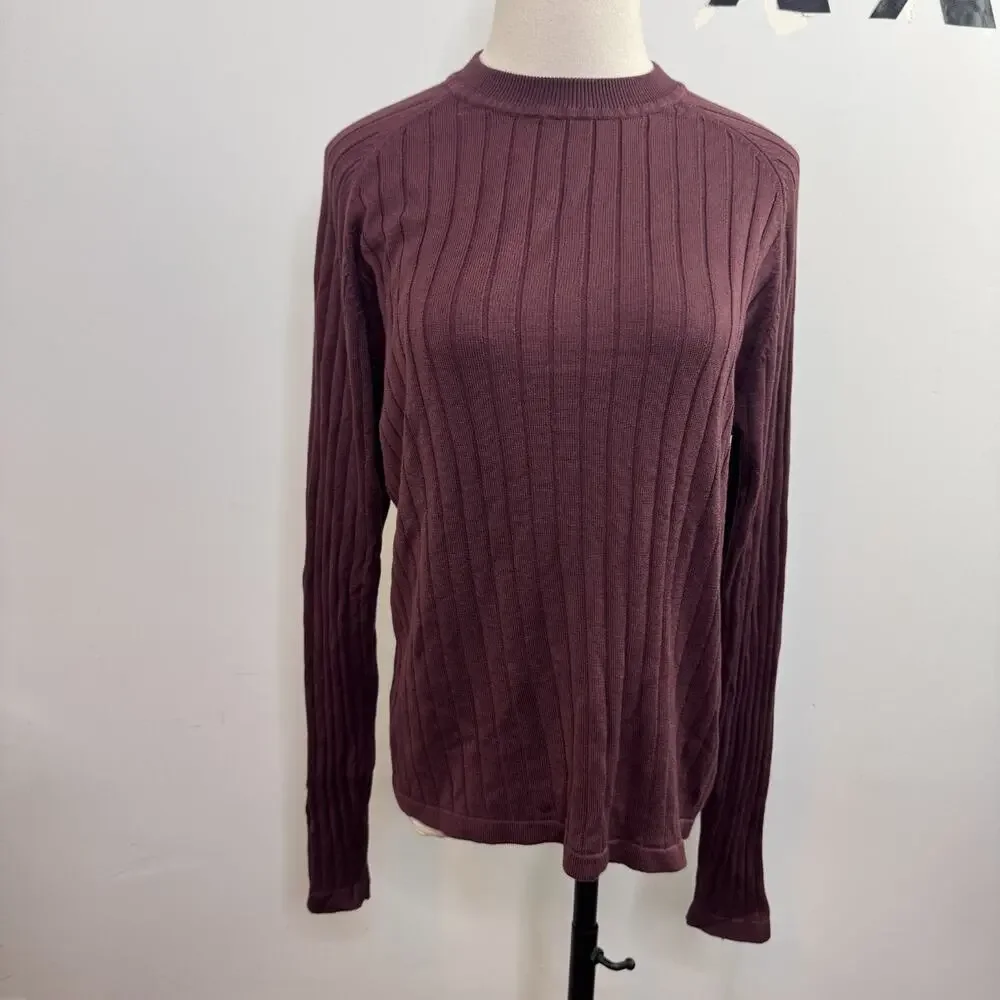 Vintage 90s J Ferrar Burgundy Silk Pullover Ribbed Sweater Y2K Luxe M